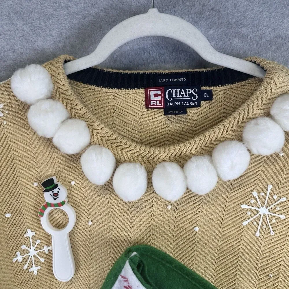 Vintage Hand Framed Ralph Lauren Chaps XL Ugly Christmas Cable Knit Sweater Sock